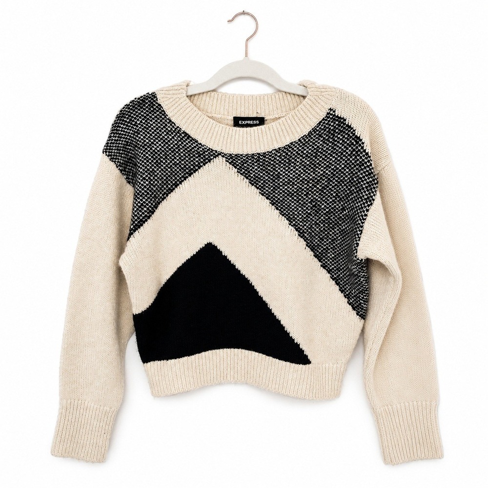 Express Sweater Women Small Cream Black NWT Geometric Colorblock Knit Crewneck